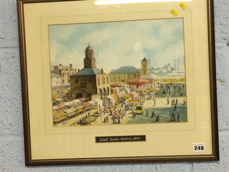 Two watercolours; 'The Tyne Bridges' by John Holmes and 'South Shields Market 1896', monogrammed KH - Image 3 of 3