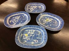 Four blue and white meat plates