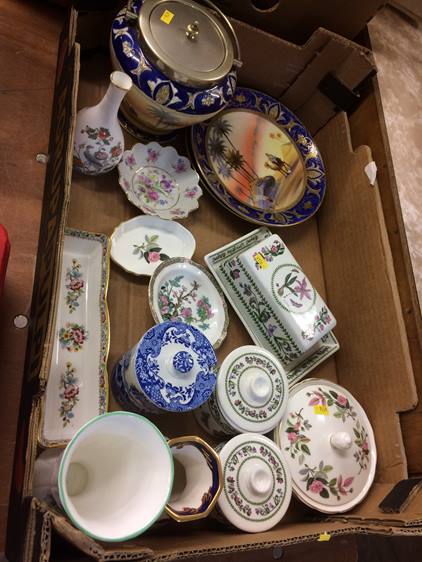 Tray of assorted china including Noritake and Portmeirion