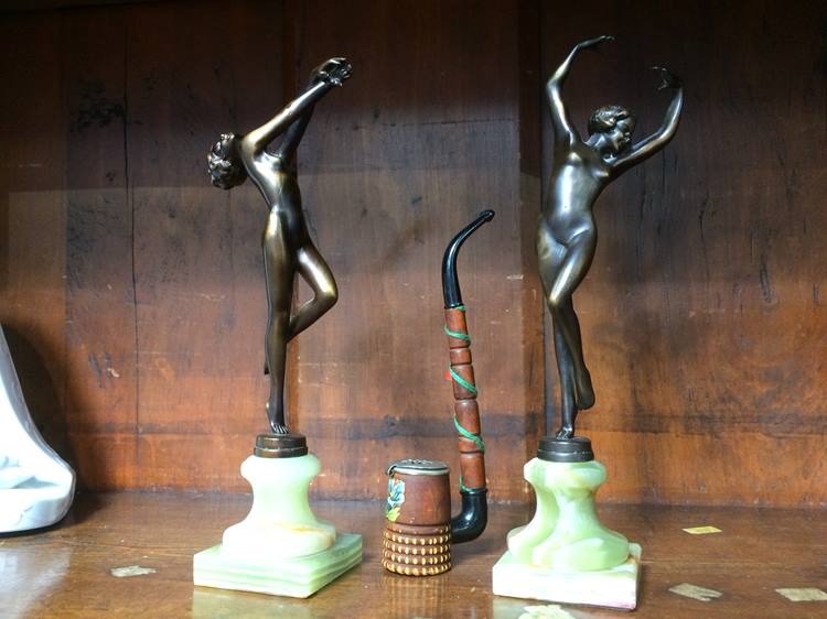 Two Art Deco style female ballerinas, on onyx plinths and a pipe - Image 2 of 2