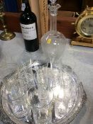 A silver plated tray, decanter, and 10 glasses