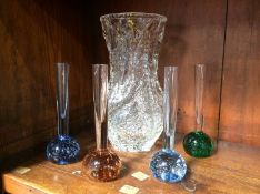 A Whitefriars clear glass vase and 4 glass spill vases