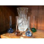 A Whitefriars clear glass vase and 4 glass spill vases