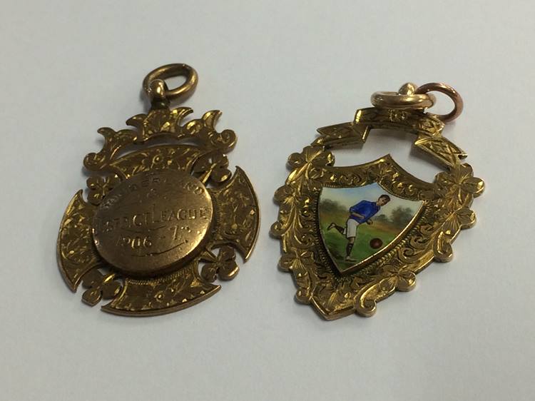 Two 9ct Sunderland District League gold fobs, 15.6g