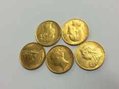 Five full sovereigns, dated 1884, 1886, 1889, 1900 and 1906