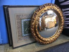 Gilt mirror and three silks