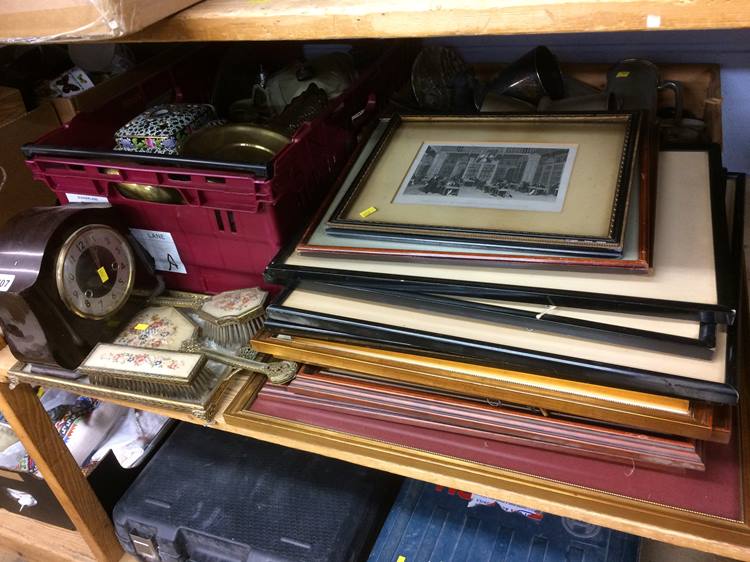 Shelf of assorted including prints etc.