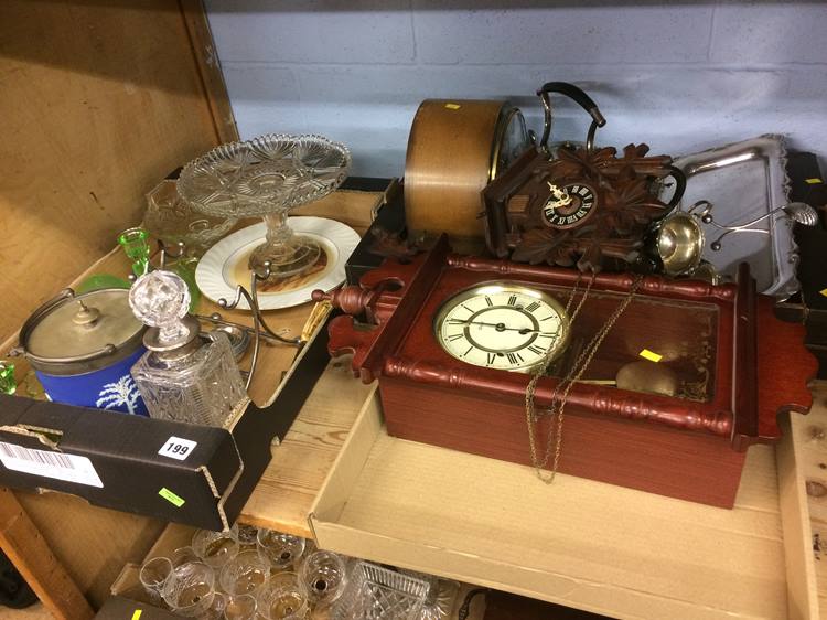 Two trays of assorted and a wall clock