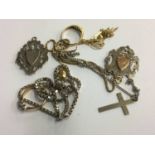 An 18ct ring, one stamped 9ct, silver fobs etc.