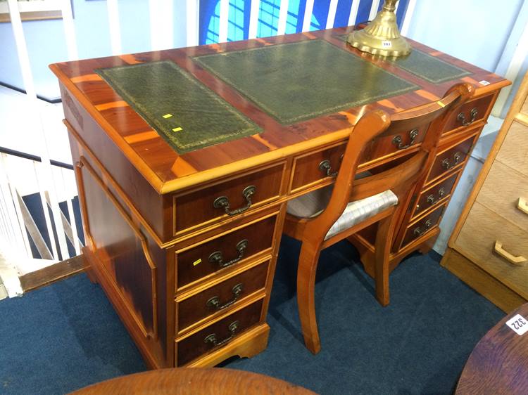 Yew wood pedestal desk and chair