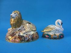 Two Royal Crown Derby paperweights 'Lion' and 'Swan' (2)