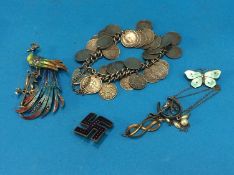 Enamelled Continental silver brooches, a '3p' bracelet etc.