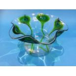 An Art Nouveau style clear glass shaped vase with green glass waved decoration. 26.5cm wide