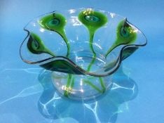 An Art Nouveau style clear glass shaped vase with green glass waved decoration. 26.5cm wide