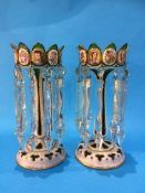 A Good pair of mid 19th Century Bohemian green glass lustres, the bodies overlaid in white and gilt,