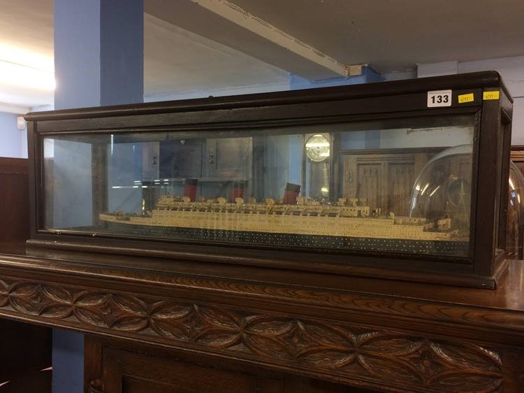 A scratch built wooden model of 'The Queen Mary', in a case. 76 cm length of boat. Case 91 cm x 28 - Image 6 of 10