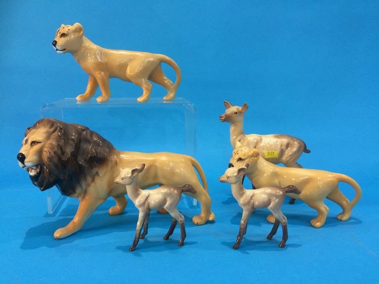 Three Beswick Lions, a Beswick Doe and two Fauns (6)