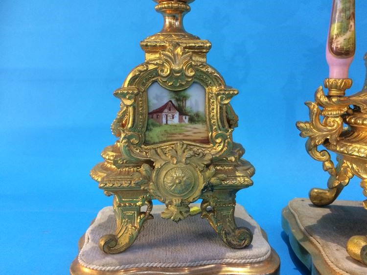 A French gilt three piece clock garniture, the clock with 8 day movement and strike action, set with - Image 4 of 16