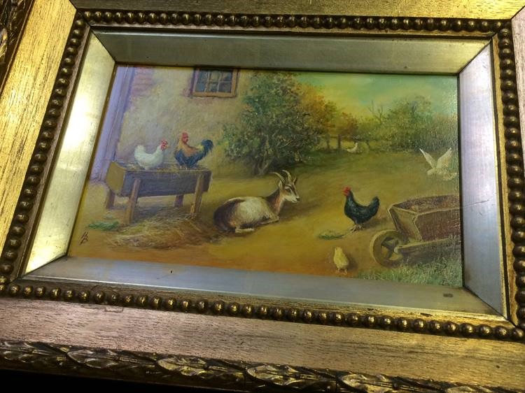 A set of three Continental oils on board, each depicting chickens, doves, goats and various farmyard - Image 2 of 5