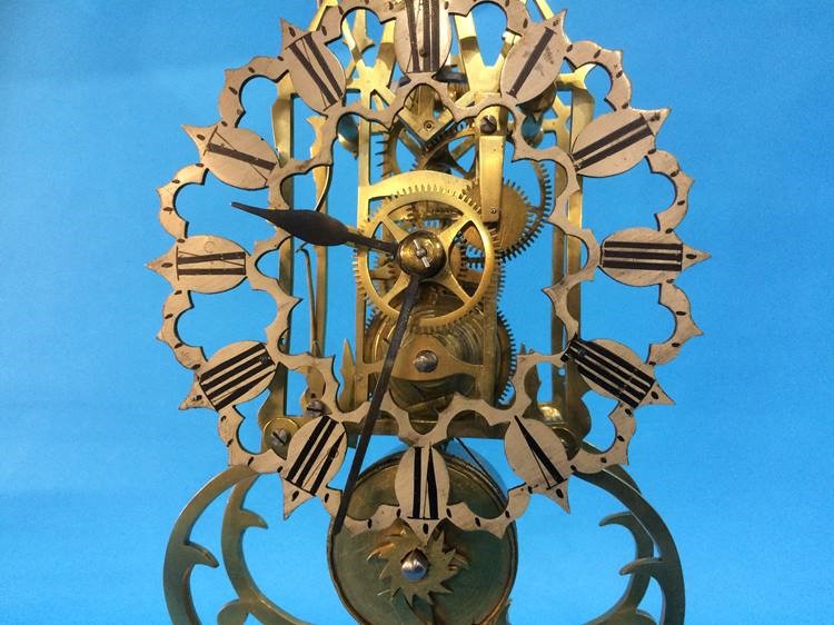 A brass Skeleton clock with silvered dial and strike action, under a glass dome. 35 cm high - Image 8 of 10