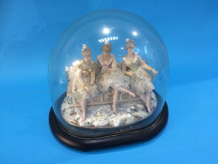 A late 19th century Continental porcelain group of three young Ladies seated on a bench, under a - Image 2 of 8