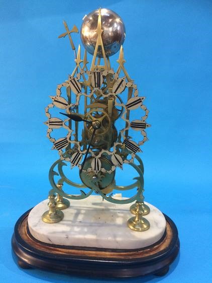 A brass Skeleton clock with silvered dial and strike action, under a glass dome. 35 cm high - Image 2 of 10