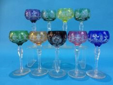 A Harlequin set of nine Hock glasses