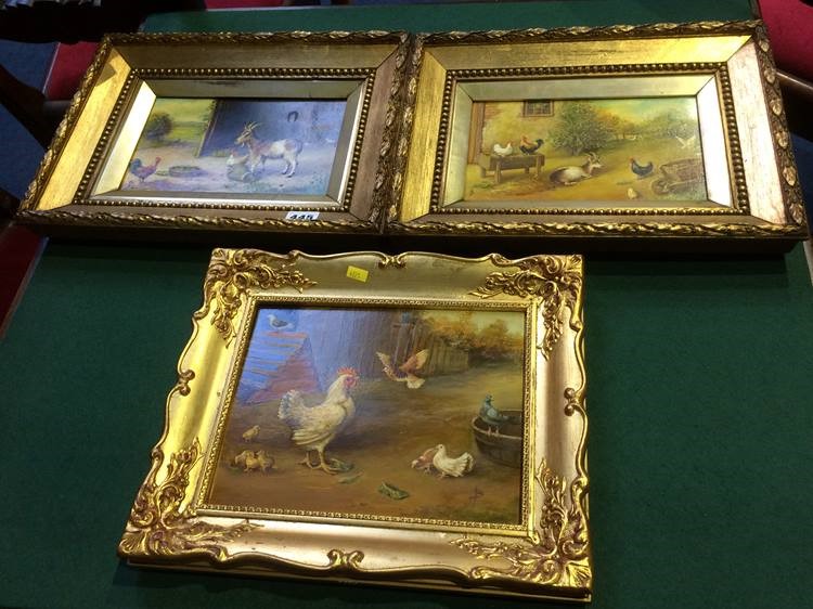 A set of three Continental oils on board, each depicting chickens, doves, goats and various farmyard