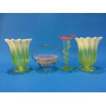 A pair of yellow pearline vases, a trumpet shaped Victorian glass spill vase and a glass dish and