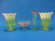 A pair of yellow pearline vases, a trumpet shaped Victorian glass spill vase and a glass dish and