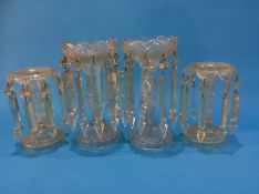 A pair of hob nail cut clear glass Victorian lustres and a smaller pair of clear glass lustres. 20