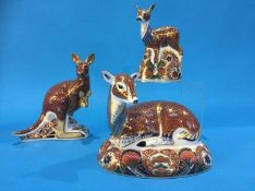 Three Royal Crown Derby paperweights 'Kangaroo', 'Doe' and 'Faun' (3)