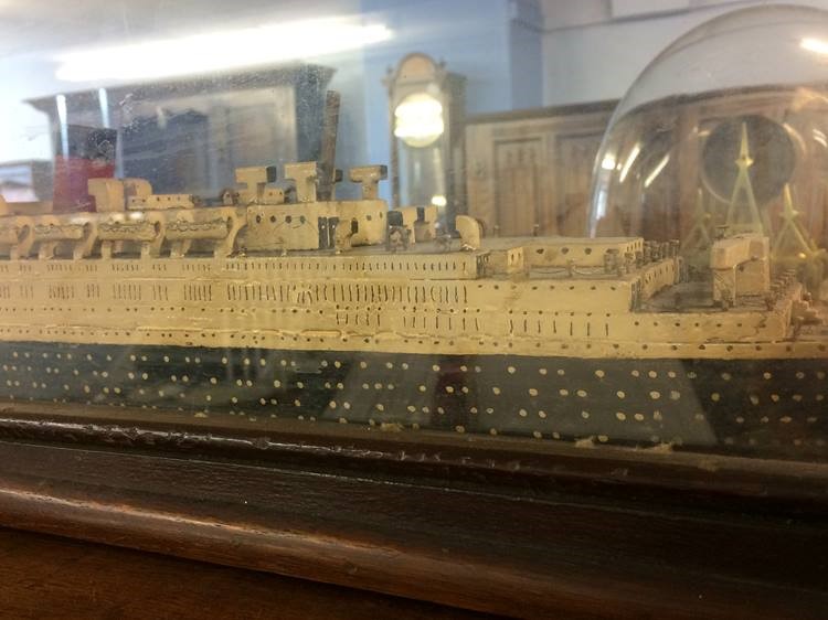 A scratch built wooden model of 'The Queen Mary', in a case. 76 cm length of boat. Case 91 cm x 28 - Image 2 of 10