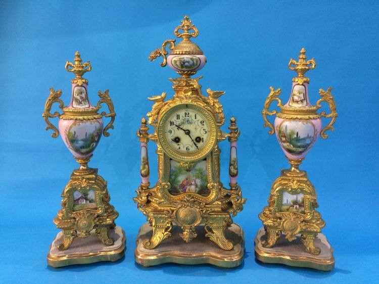 A French gilt three piece clock garniture, the clock with 8 day movement and strike action, set with - Image 9 of 16