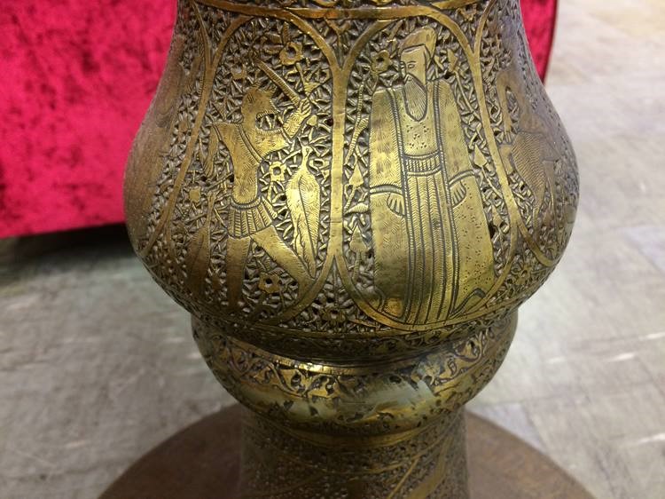 An Islamic Mosque lamp with trumpet neck and long pierced fretwork body leading to a flared circular - Image 7 of 22