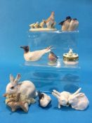 Various Royal Copenhagen Birds, a Copenhagen Rabbit, Nao Chickens and a Lladro Rabbit etc.