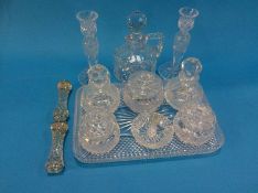 Glass dressing table set, two silver mounted knife rests etc.