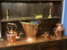 A copper cream pail , 'G.W.R. Taunton', a copper chamber stick, coal scuttle, kettle etc.