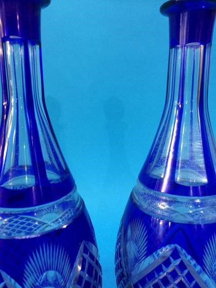 A pair of blue and clear glass flashed hobnail cut decanters - Image 2 of 3