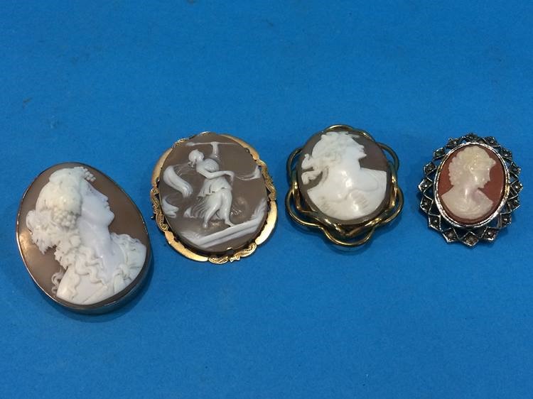 Three gold mounted cameo brooches and one other