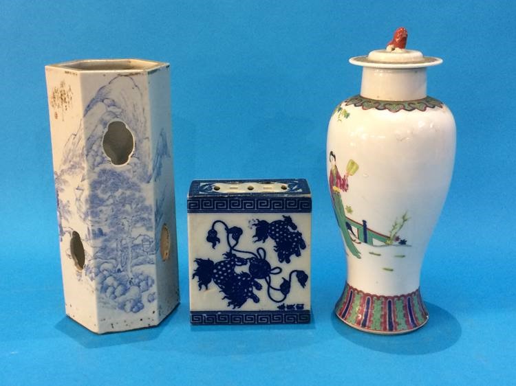 A Chinese blue and white octagonal vase decorated with landscapes, a Chinese blue and white flower - Image 2 of 20