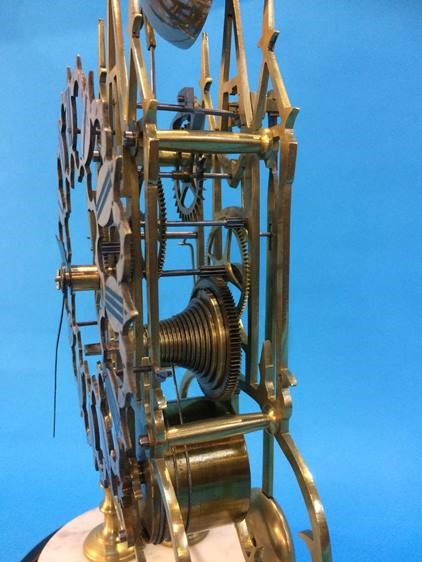 A brass Skeleton clock with silvered dial and strike action, under a glass dome. 35 cm high - Image 4 of 10