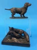 Spelter figure of a Dog and a bronzed figure group of a Fox with a Hare
