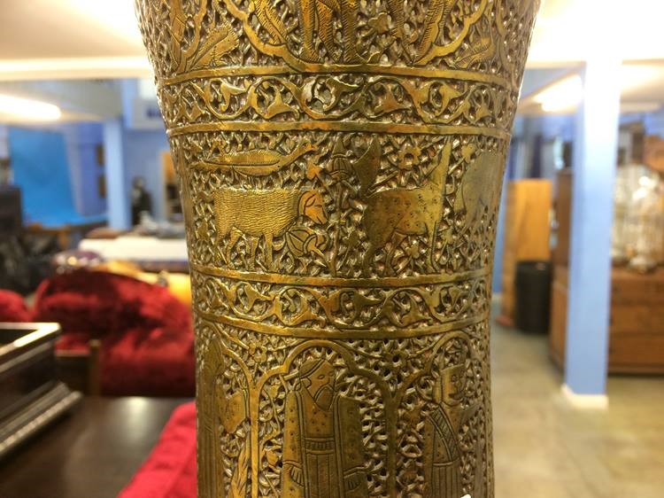 An Islamic Mosque lamp with trumpet neck and long pierced fretwork body leading to a flared circular - Image 3 of 22