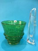 A tall Baccarat glass vase and a green glass vase with air bubbles. 30 cm high