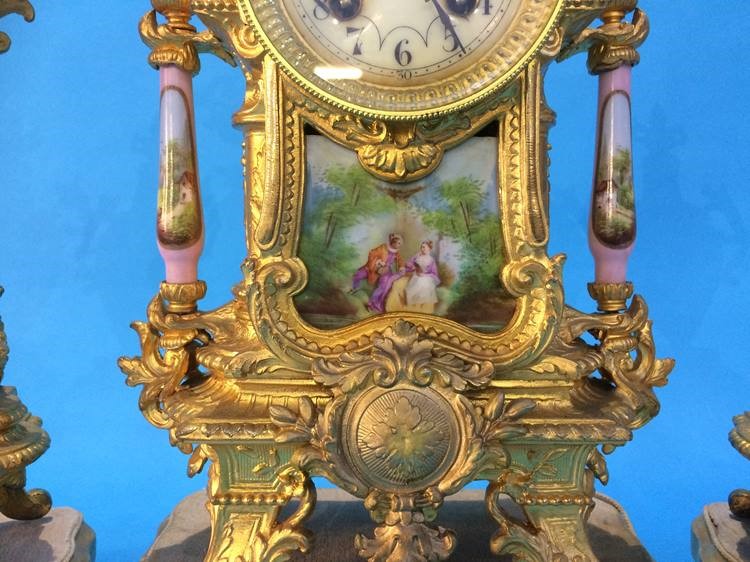 A French gilt three piece clock garniture, the clock with 8 day movement and strike action, set with - Image 2 of 16