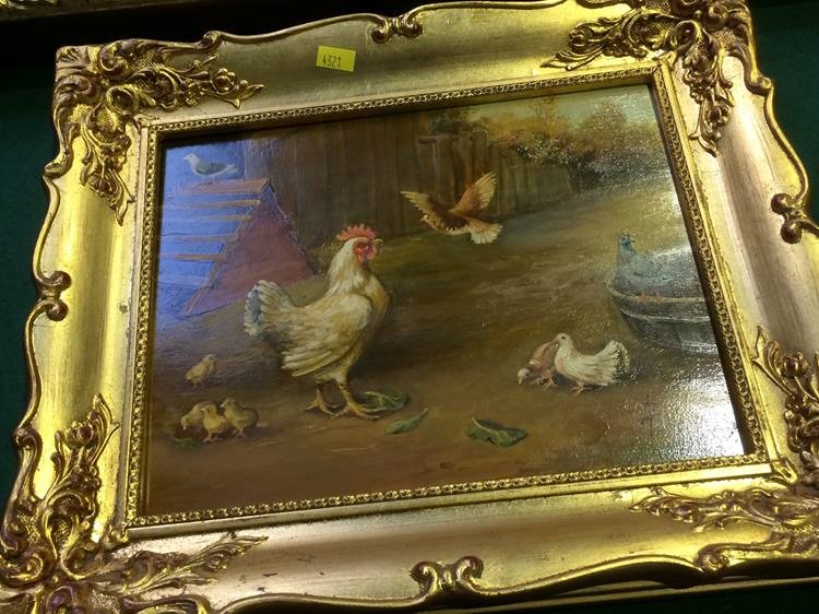 A set of three Continental oils on board, each depicting chickens, doves, goats and various farmyard - Image 4 of 5