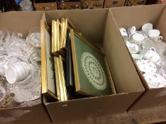 Three boxes of glass, china and prints