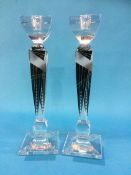 A pair of Karl Palda clear glass candlesticks with black and etched decoration