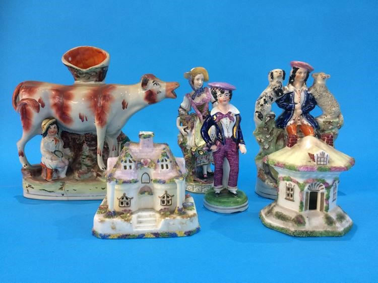 A Staffordshire flatback figure, two 19th Century figures and two Coalport Houses etc. (6)